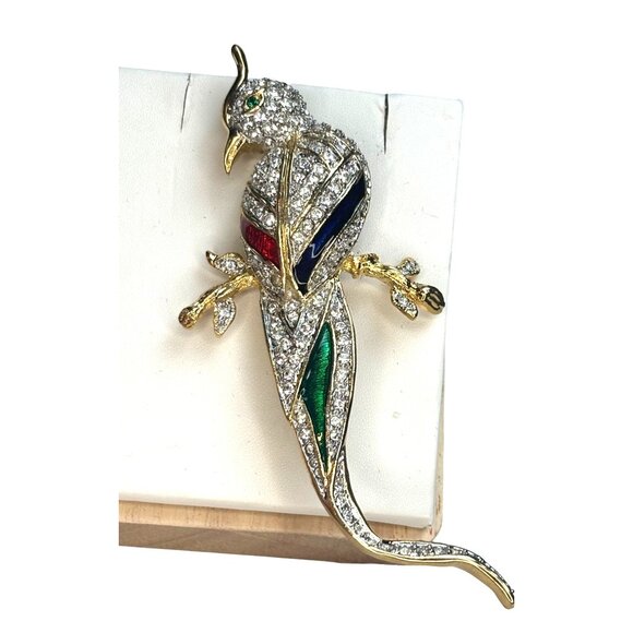 Vintage Jeweled Bird Brooch With Rhinestones & Colorful Enamel Accents - Picture 1 of 12